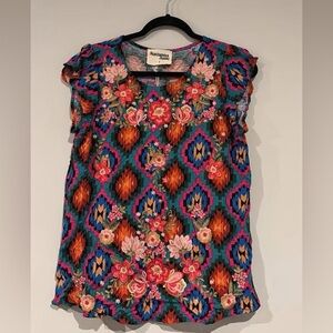 Savanna Jane red pink black Teal Multicolor Embroidered Floral Top small nwt